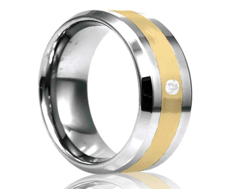 Women’s cushion cut rings-Men's Beveled Edge Tungsten Ring Yellow Gold Inlay And One Stone