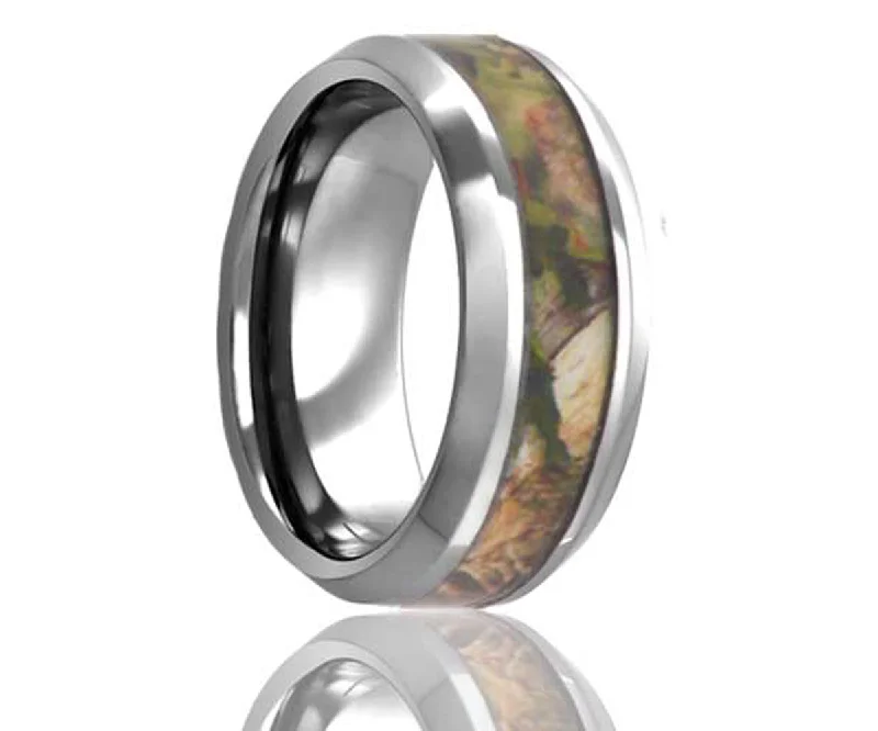 Women’s luxury diamond rings-Beveled Edge Woodland Pine Camo Tungsten Ring