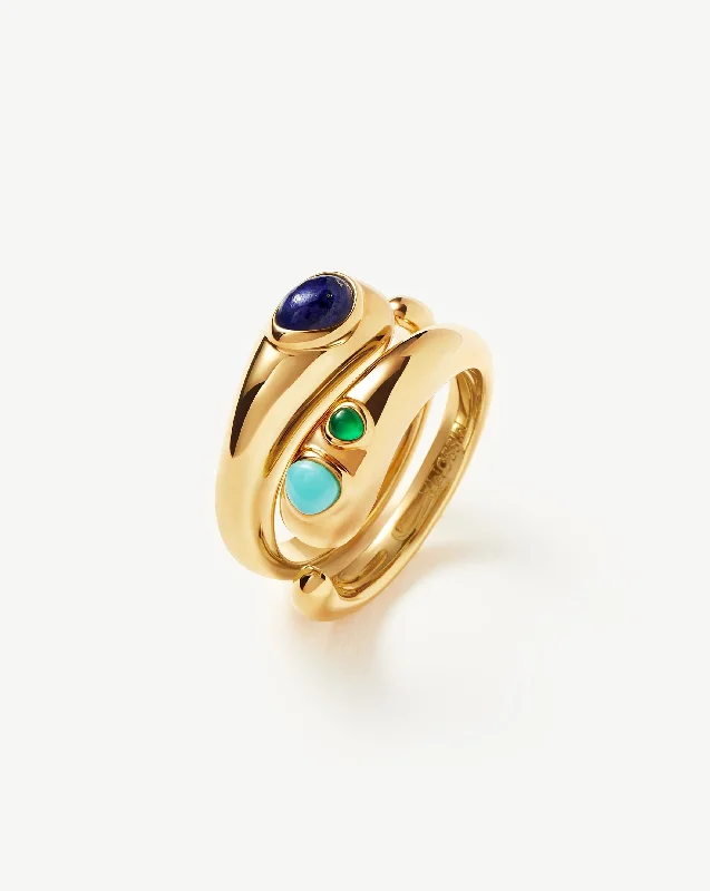 Women’s antique rings-Molten Gemstone Double Stacking Ring Set | 18ct Gold Plated/Chalcedony & Turquoise & Lapis