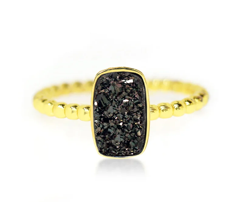 Women’s statement rings-Vertical Rectangle Sapphire Black Druzy 14K Gold Ring