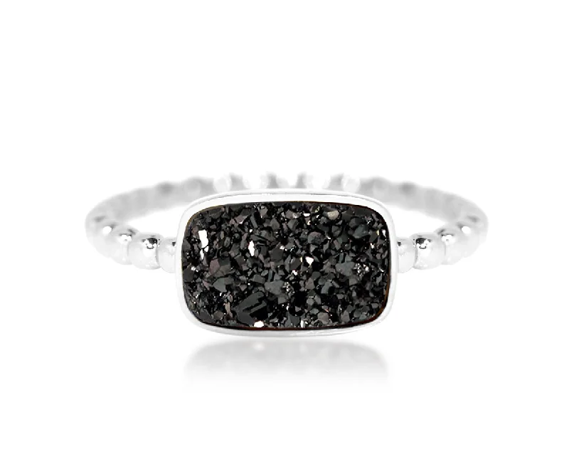 Women’s adjustable rings-Horizontal Rectangle Black Druzy Ring