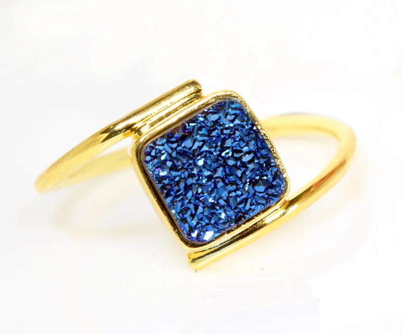 Women’s diamond solitaire rings-Bypass Square Blue Druzy Gold Ring