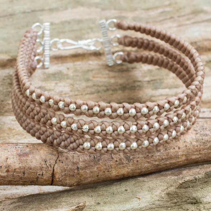 Women’s rose gold bangles-Khaki Moons Artisan Crafted Khaki Wristband Bracelet with Silver Beads