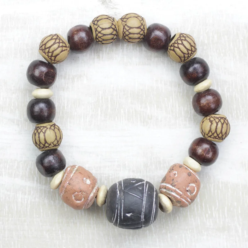 Women’s vintage bangles-Eco-Friendly Fashion Ceramic Wood and Recycled Plastic Beaded Stretch Bracelet