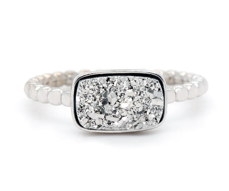 Women’s simple gold engagement rings-Horizontal Rectangle Platinum Druzy Ring