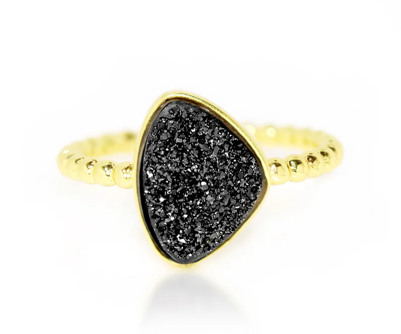 Women’s wedding ring sets-Trillion Black Druzy 14k Gold Vermeil Ring