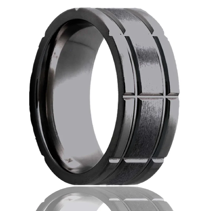 Women’s thick band rings-Flat Zirconium Ring with a Milled Pattern