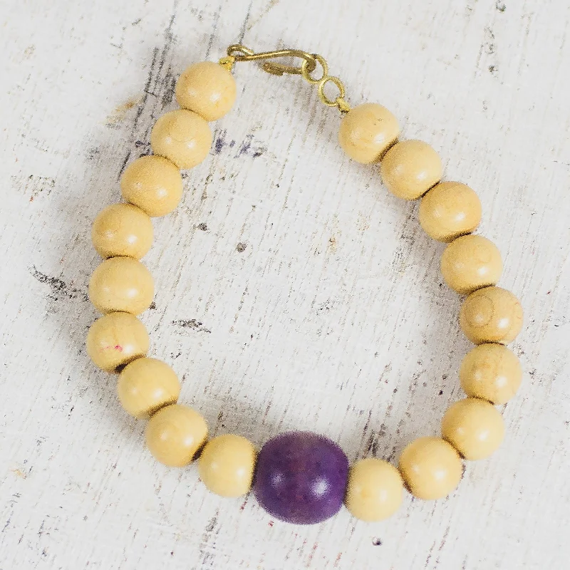 Women’s sparkling bracelets-Purple Bead Brown and Purple Wood Beaded Bracelet from Ghana