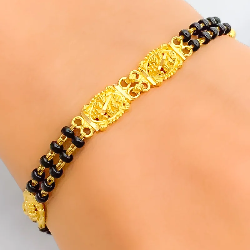 Women’s rose gold bangles-Palatial Dual Strand 22k Gold Black Bead Bracelet