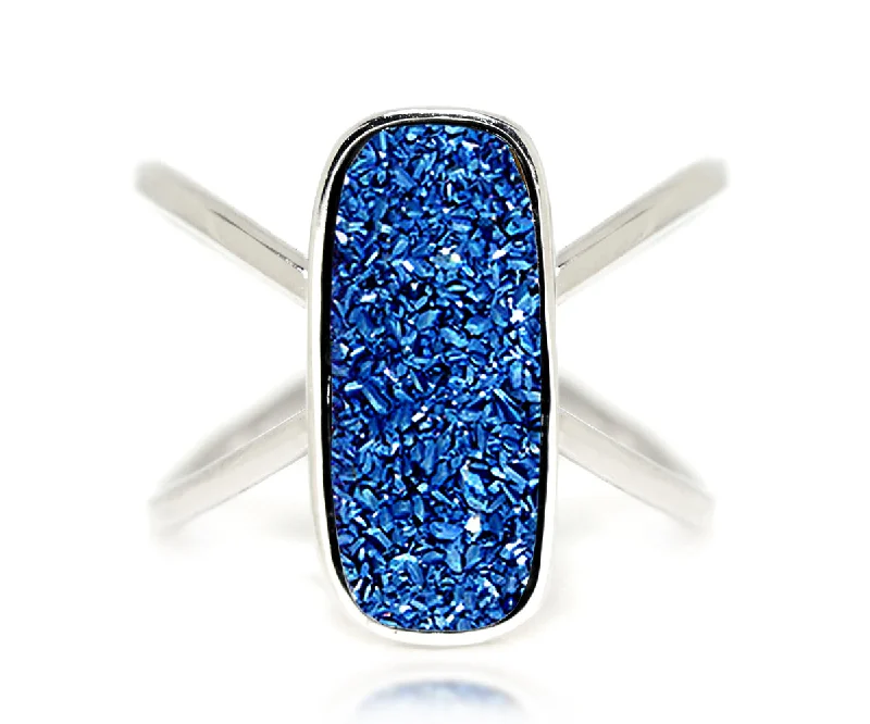 Women’s sterling silver rings-Criss Cross Rectangle Blue Druzy Ring