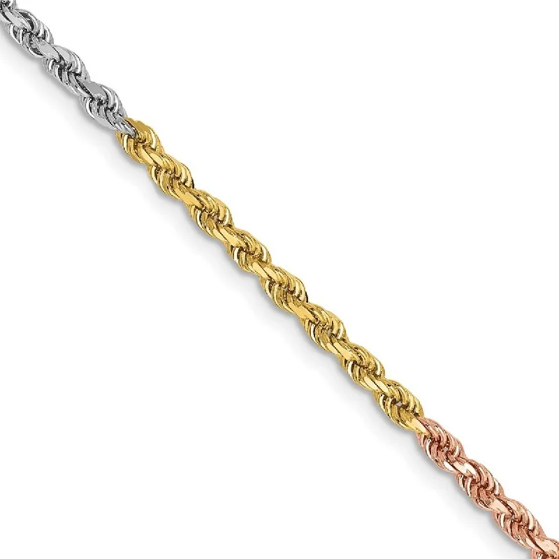 Women’s large bangles-Curata 14k Tri Color Solid Gold 2.5mm Sparkle Cut Rope Chain Bracelet Lobster Claw