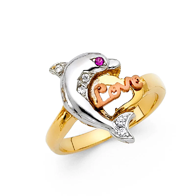 Women’s chunky rings-14K Solid Gold CZ Fancy Dolphin with Heart Ring