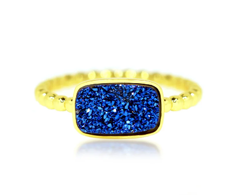 Women’s luxury rings-Horizontal Rectangle Blue Druzy 14k Gold Ring