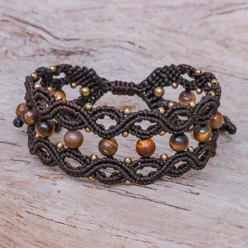 Women’s tennis bracelets-Winsome Earth Tiger's Eye and Brass Beaded Macrame Bracelet