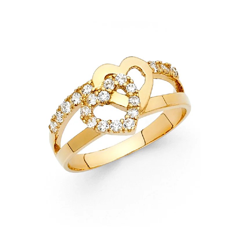 Women’s topaz rings-14K Solid Gold CZ Fancy Interlocking Heart Ring