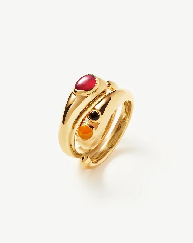 Women’s minimalist rings-Molten Gemstone Double Stacking Ring Set | 18ct Gold Plated/Quartz & Chalcedony