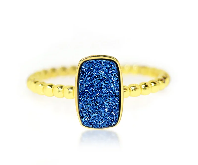 Women’s cushion cut rings-Vertical Rectangle Sapphire Blue Druzy 14K Gold Ring