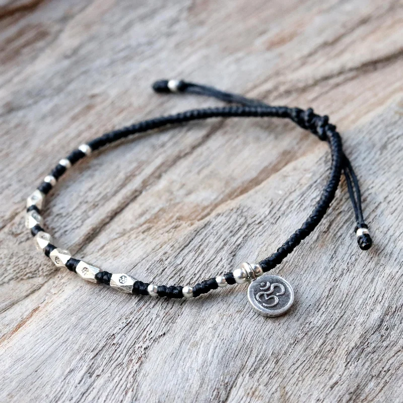 Women’s luxury leather bracelets-Exquisite Om Karen Silver Adjustable Beaded Om Bracelet from Thailand