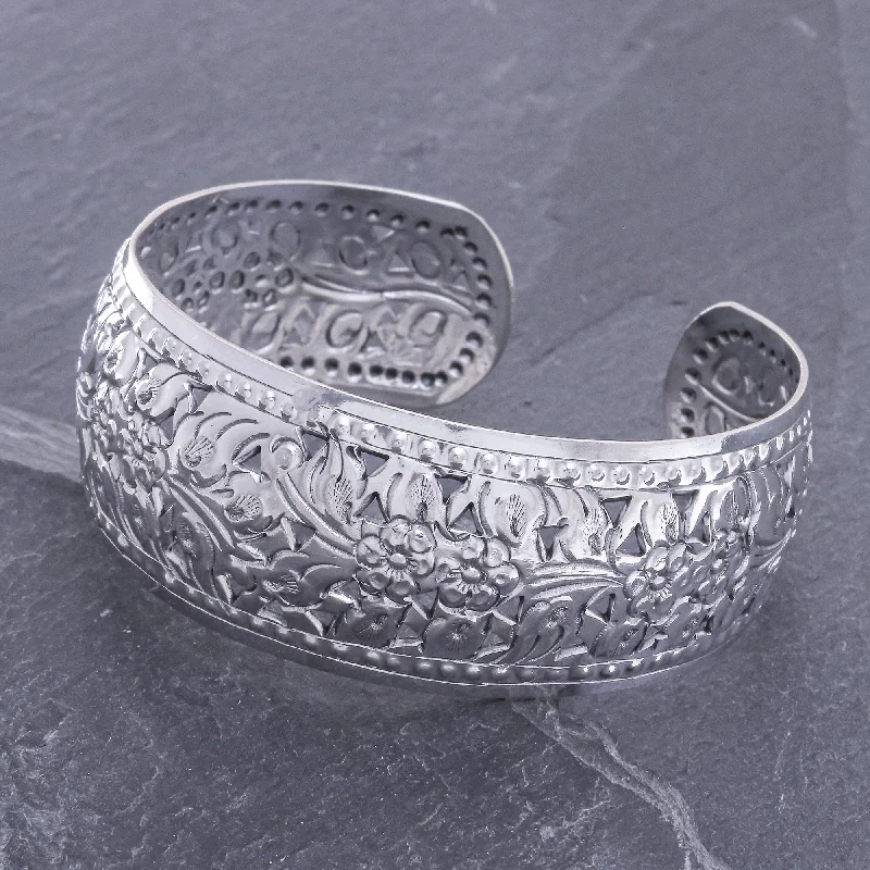 Women’s birthstone bangles-Precious Garland Unique Floral Sterling Silver Cuff Bracelet