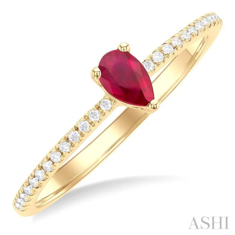 Women’s engagement rings with pearls-1/10 ctw Petite 5X3MM Pear Cut Ruby and Round Cut Diamond Precious Fashion Ring in 10K Yellow Gold