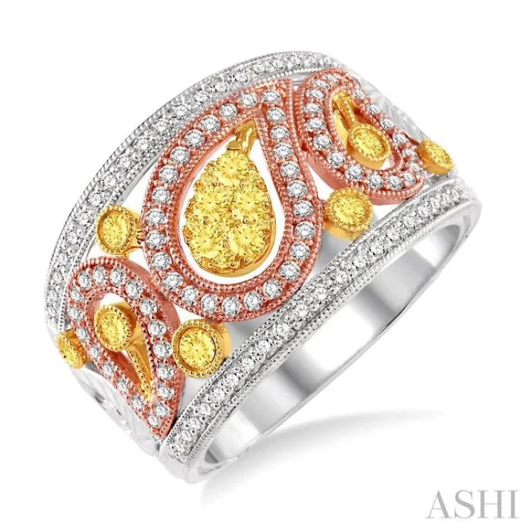 Women’s silver engagement rings-7/8 Ctw Round Cut Yellow and White Diamond Fashion Ring in 14K Tri Color Gold