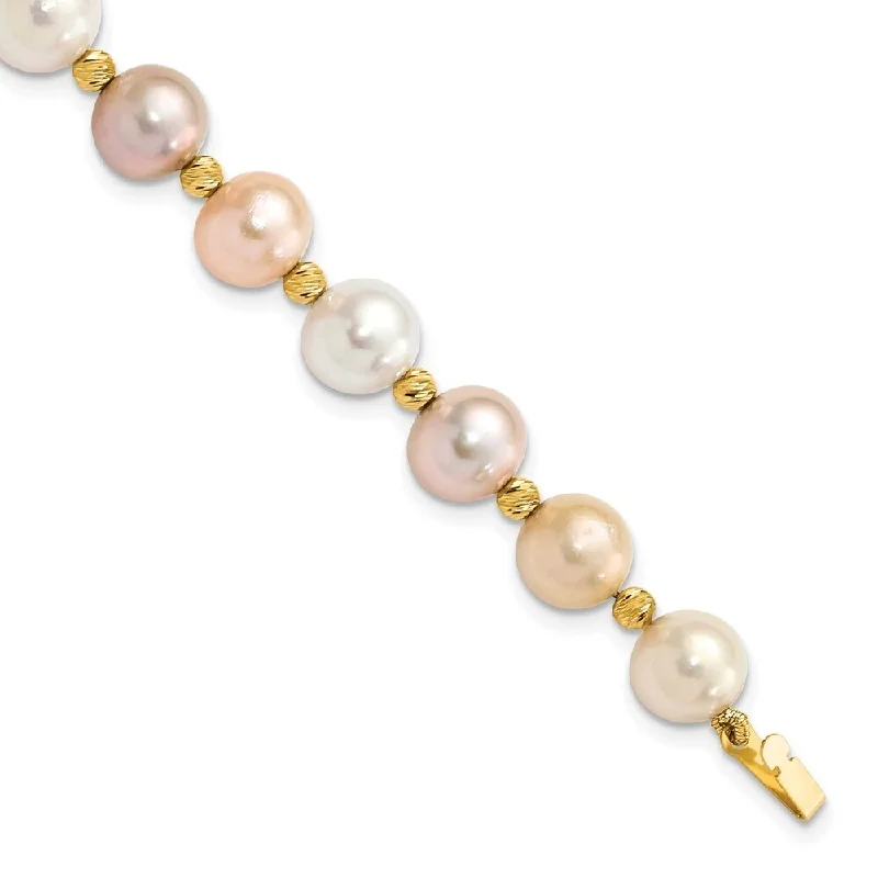 Women’s infinity bracelets-14k Yellow Gold 8-9mm Semi-round Pink Purple White FWC Pearl Diamond-Cut Beaded Bracelet, 7.5"