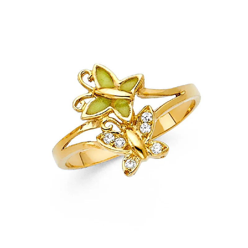 Women’s diamond solitaire rings-14K Solid Gold CZ Fancy Dual Butterfly Ring