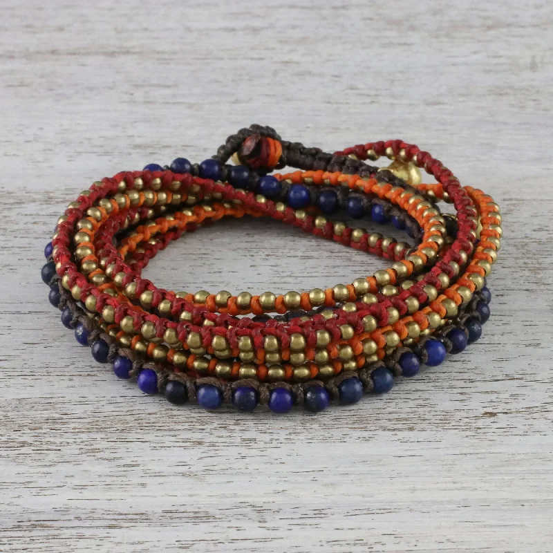 Women’s charm bracelets-Bohemian Bells Boho Lapis Lazuli Beaded Wrap Bracelet from Thailand