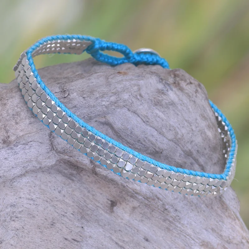 Women’s cute bangles-Shimmering Road in Turquoise Artisan Crafted Sterling Silver Beaded Bracelet from Bali