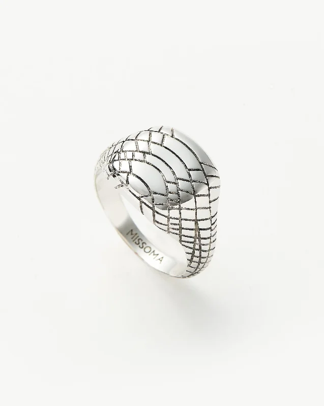 Women’s sterling silver rings-Serpent Textured Signet Ring | Silver Plated