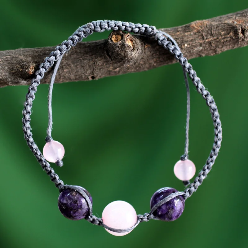 Women’s elegant bracelets-Serene Joy Indian Cotton Cord Charoite and Rose Quartz Bracelet