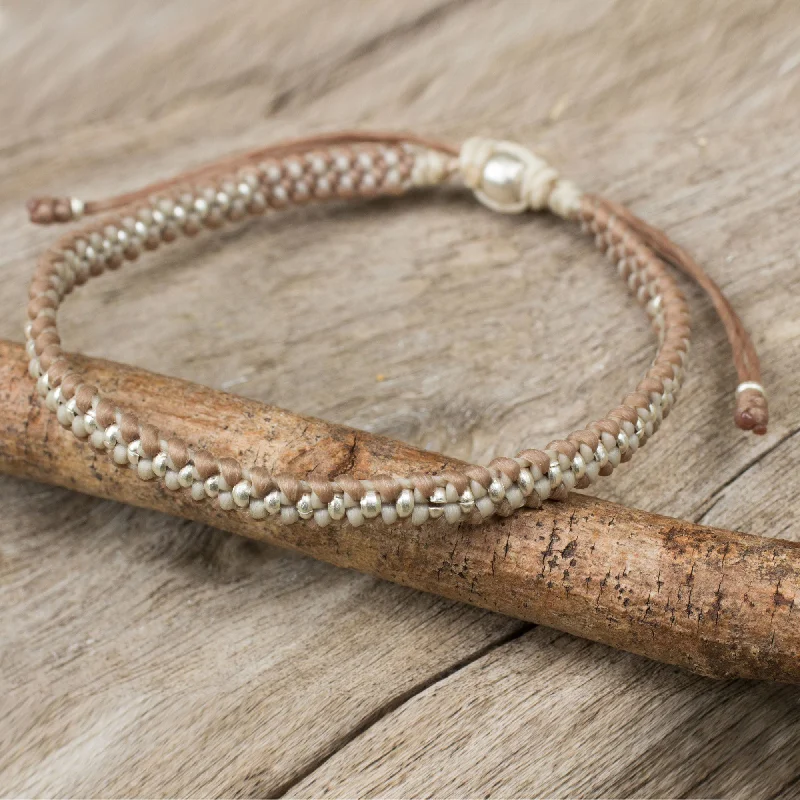 Women’s adjustable bracelets-Tan Ivory Progression Macrame Bracelet in Tan and Ivory with Hill Tribe Silver