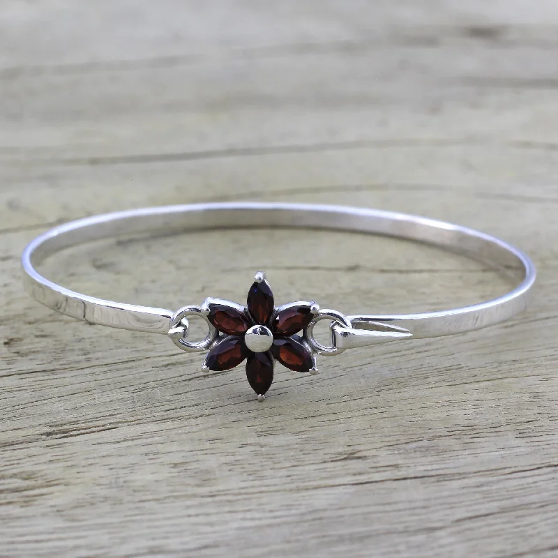 Women’s stackable bangles-Marquise Flower Garnet and Sterling Silver Floral Bracelet from India