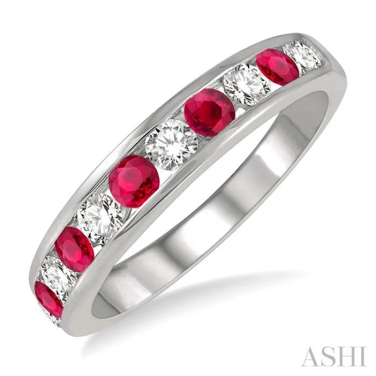 Women’s engagement rings with sapphires-3/8 ctw Round Cut Diamond and 2.6MM Ruby Precious Wedding Band in 14K White Gold