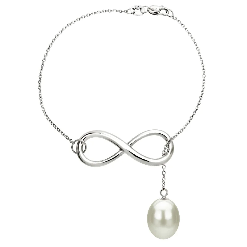 Women’s charm bangle bracelets-DaVonna Sterling Silver Infinity Bracelet with 8-9mm Long Shape Freshwater Pearl, 7.5"