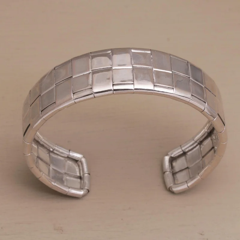 Women’s stackable bangles-Gleaming Weave Woven Sterling Silver Cuff Bracelet from Bali