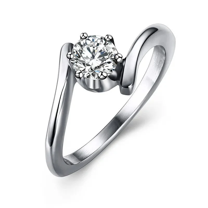 Women’s stackable rings-Stainless Steel CZ Solitaire Ring