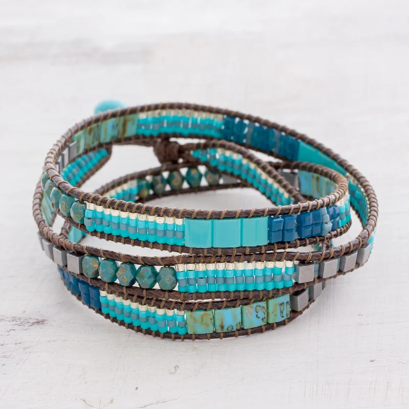 Women’s fashion bangles-Mayan Monolith Glass Beaded Wrap Bracelet in Turquoise from Guatemala