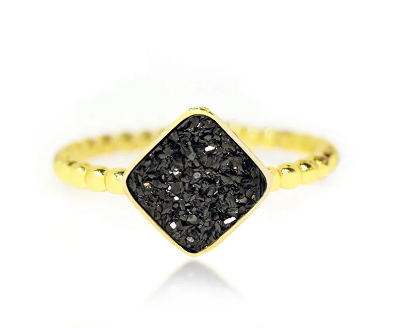 Women’s rose gold wedding bands-Small Square Black Druzy 14k Gold Vermeil Ring