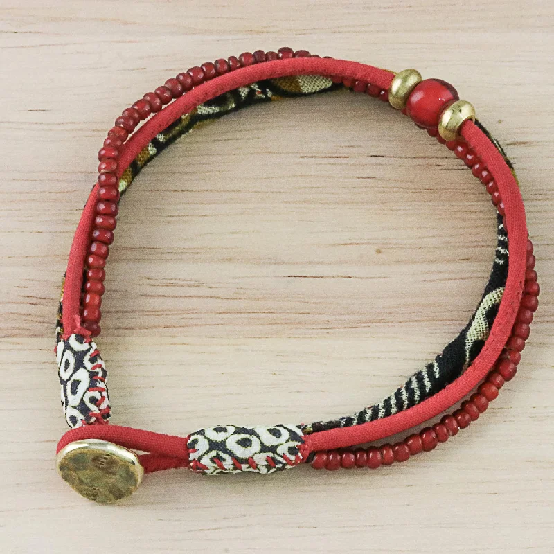 Women’s men’s style bangles-Raging Red Cotton and Glass Beaded Eclectic Boho Fabric Bracelet in Red