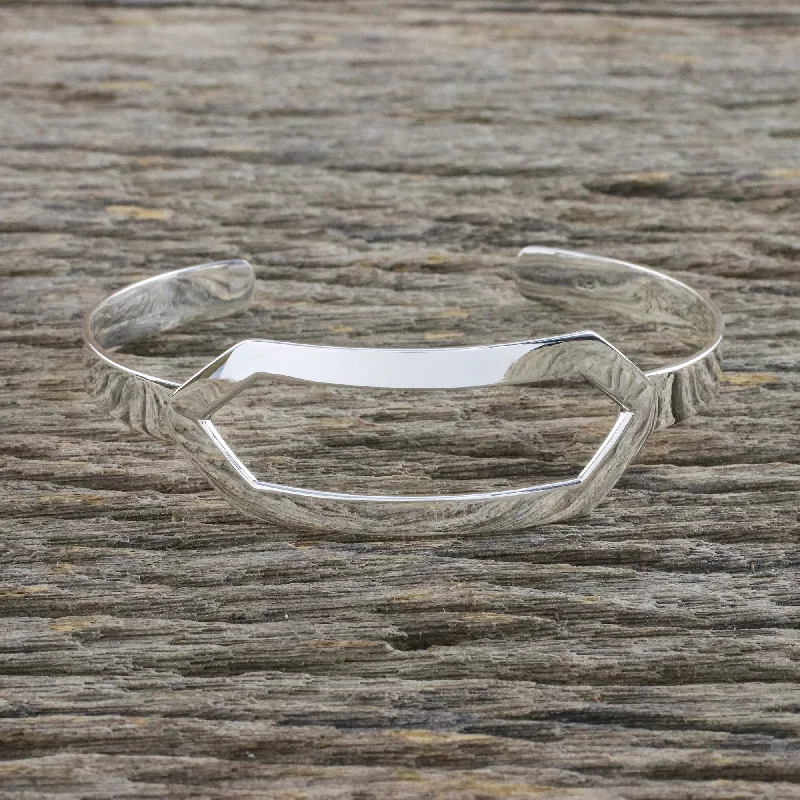 Women’s wide bangles-Elegant Geometry Sterling Silver Cuff Bracelet with Elongated Hexagon