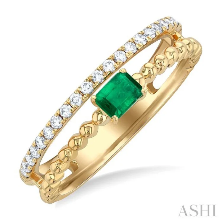 Women’s custom engagement rings-1/5 ctw Round Cut Diamond and 4X3MM Emerald Precious Split Twin Ring in 10K Yellow Gold