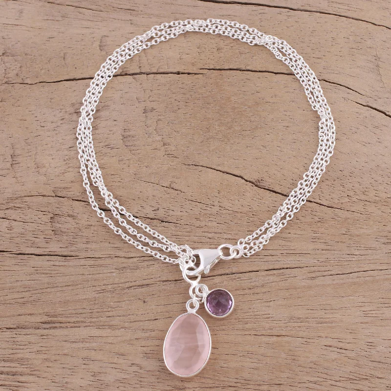 Women’s shiny bangles-Twinkling Harmony Silver Rose Quartz Amethyst Bracelet