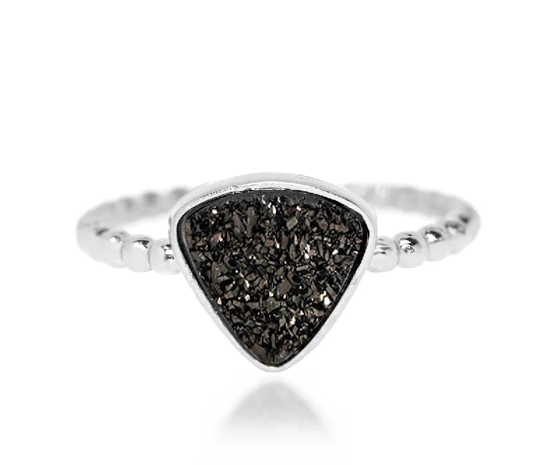 Women’s wedding bands-Small Triangle Black Druzy Ring