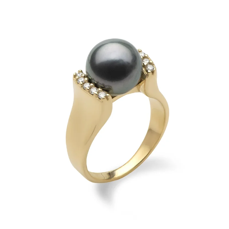 Women’s engagement rings with pink diamonds-Tahitian Black Pearl Ring in Gold with Diamonds - 9-10mm