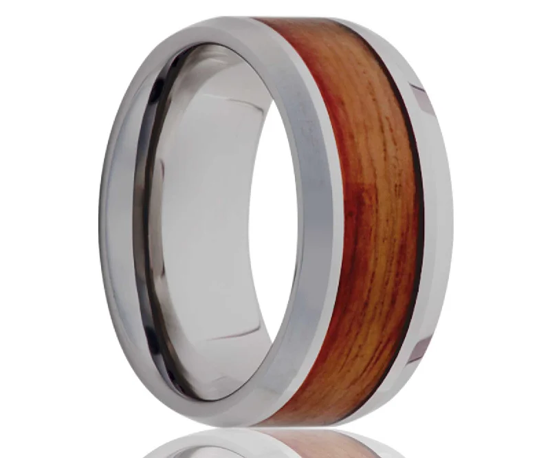 Women’s luxury rings-Men's Beveled Edge With Blood Wood Inlay Tungsten Ring