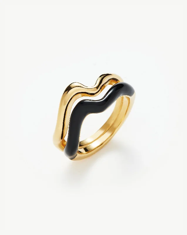 Women’s yellow gold rings-Squiggle Curve Two Tone Enamel Stacking Ring | 18ct Gold Vermeil/Black