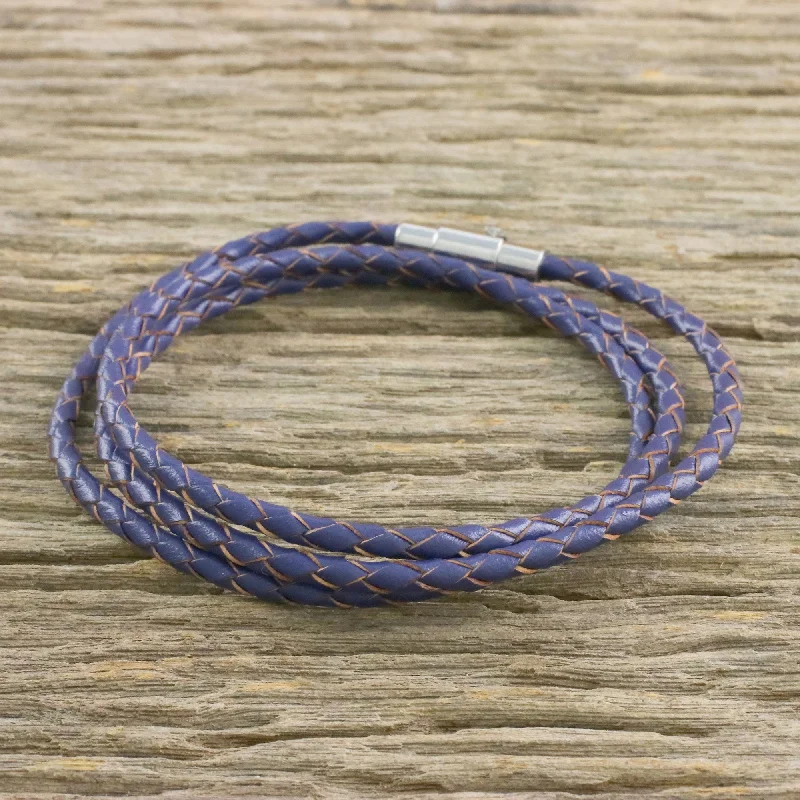 Women’s rose gold bracelets-Blue Charm Leather Wrap Bracelet in Blue (23 in.) from Thailand