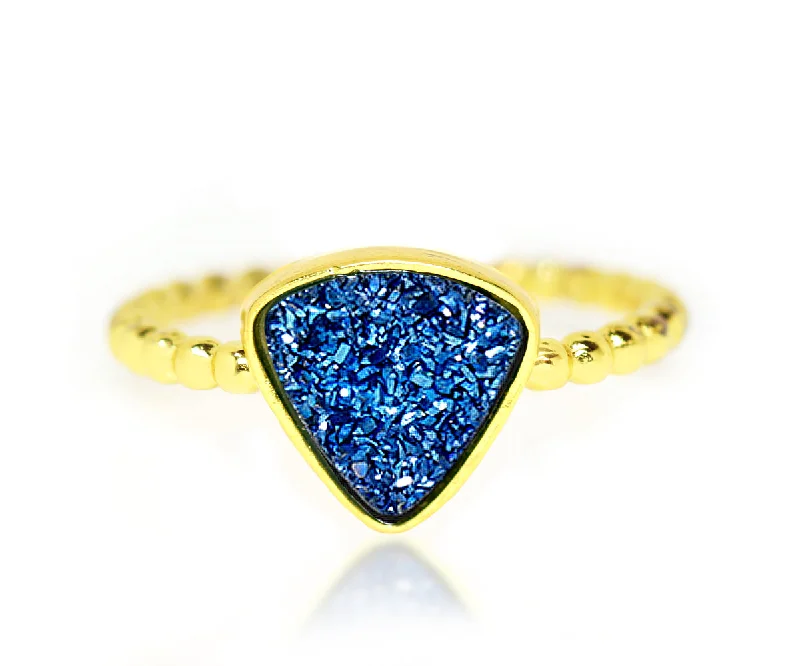 Women’s engagement rings with halos-Small Triangle Blue Druzy 14K Gold Ring