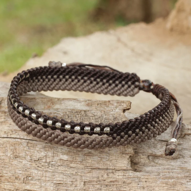 Women’s bangles with gemstones-Amity in Brown and Taupe Hand-Knotted Cord Bracelet with 950 Silver Accents